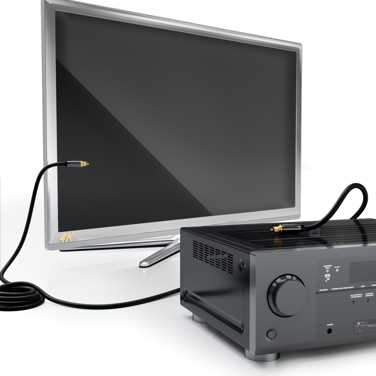 Fernseher, Empfänger und schwarzes Kabel, das sie verbindet. Fernseher hat einen schwarzen Bildschirm.
