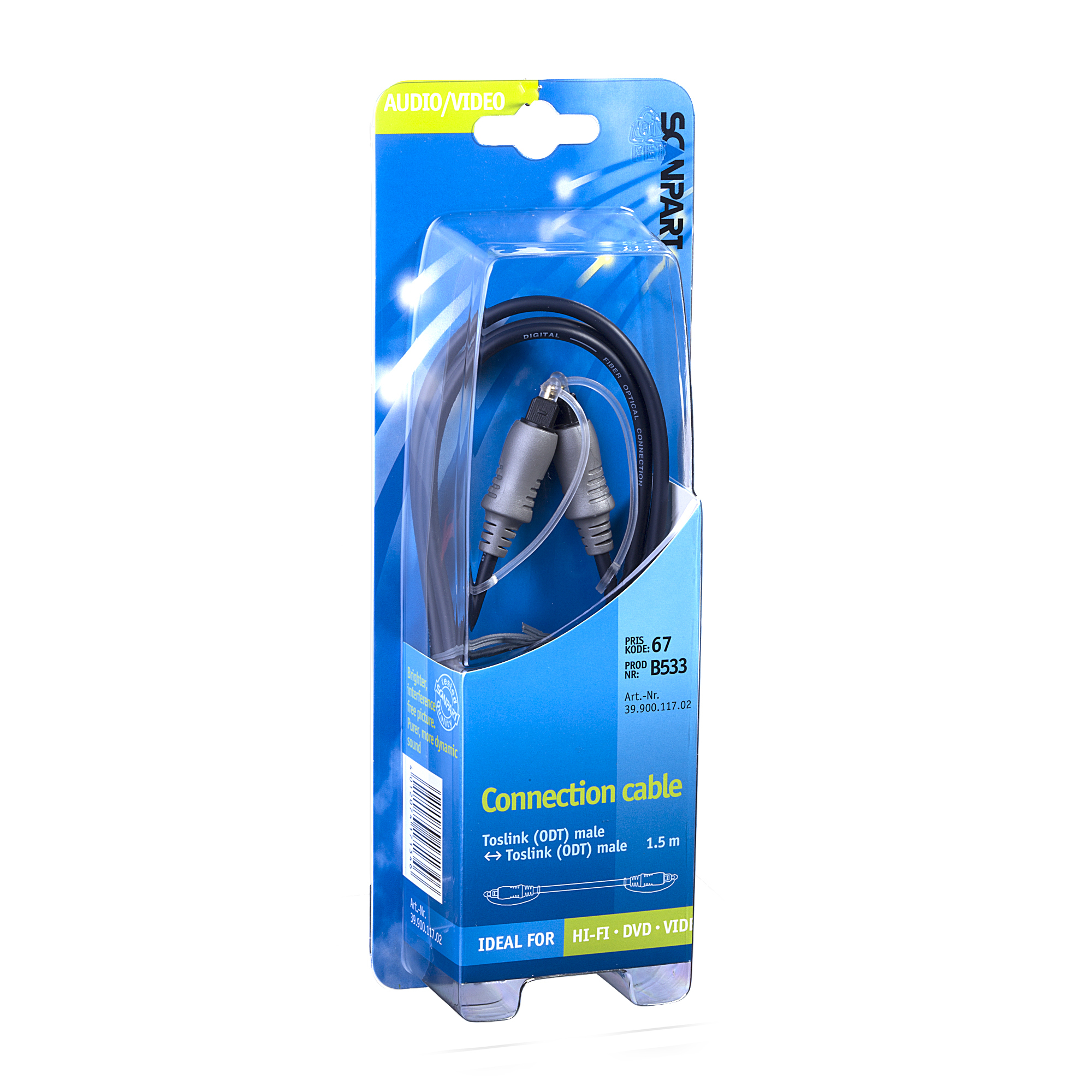 Un cavo di connessione in una confezione di plastica, cavo nero con connettori argentati.