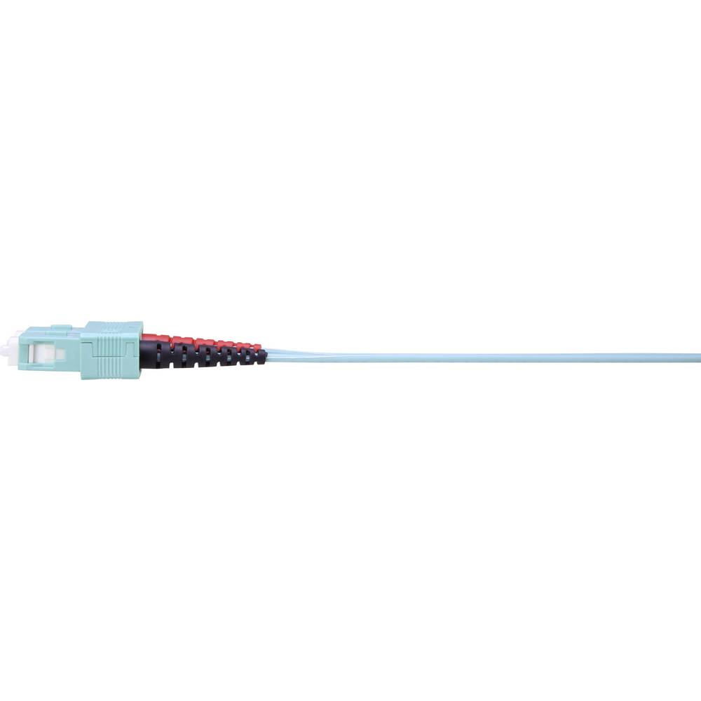 Cavo in fibra ottica con connettori azzurri e rossi. Cavo azzurro. Sfondo bianco.