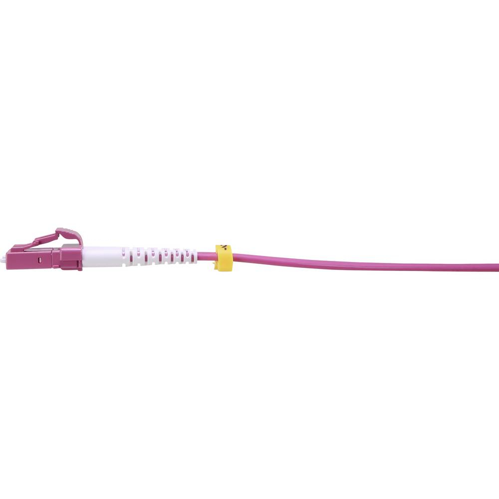 Cavo in fibra ottica rosa con connettori. Banda gialla, sfondo bianco, ripresa angolata.