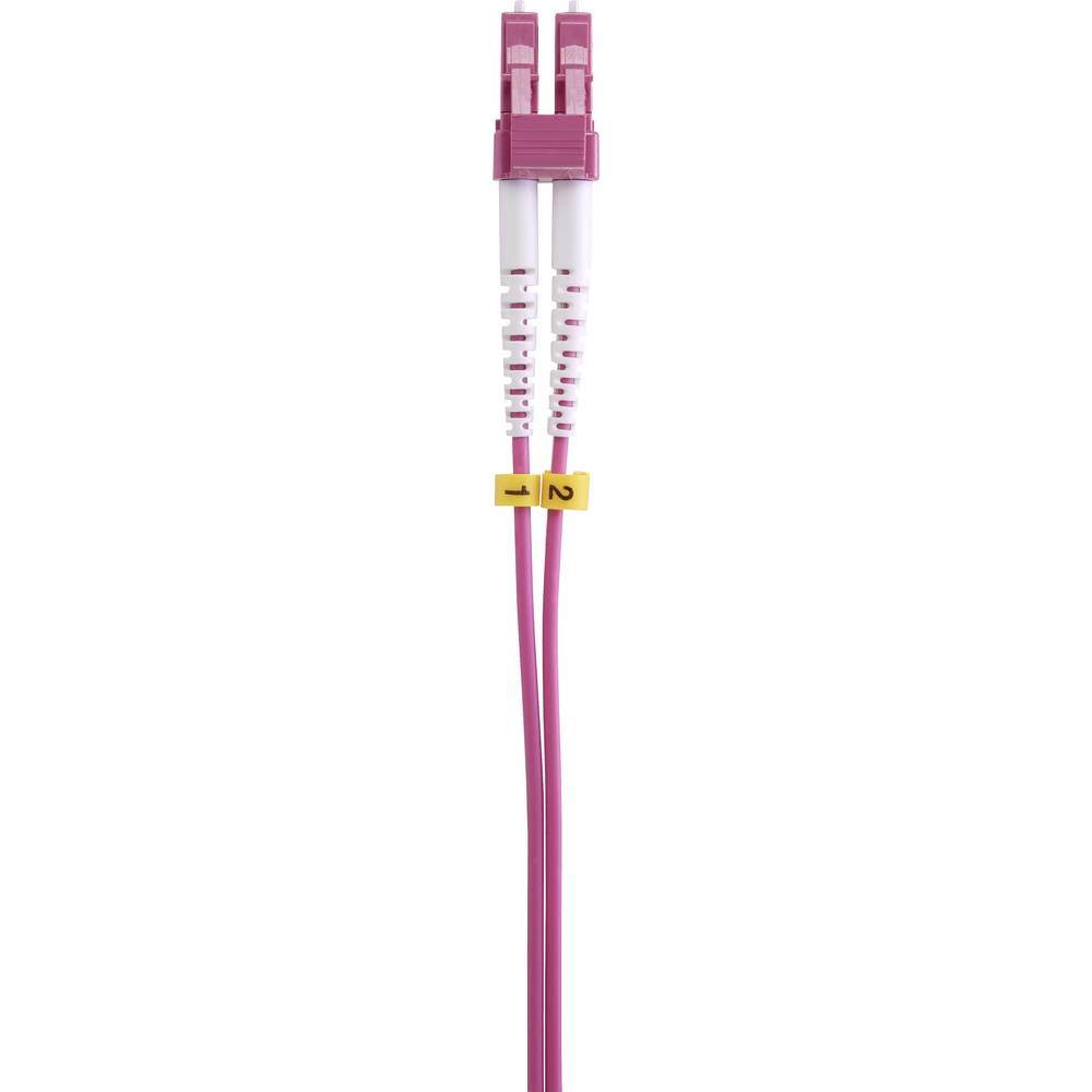 Due cavi in fibra ottica con guaina rosa. Connettori in alto. I cavi sono etichettati 1 e 2.