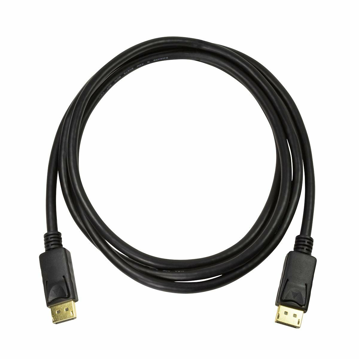 Czarny kabel DisplayPort ze złotymi złączami na białym tle.
