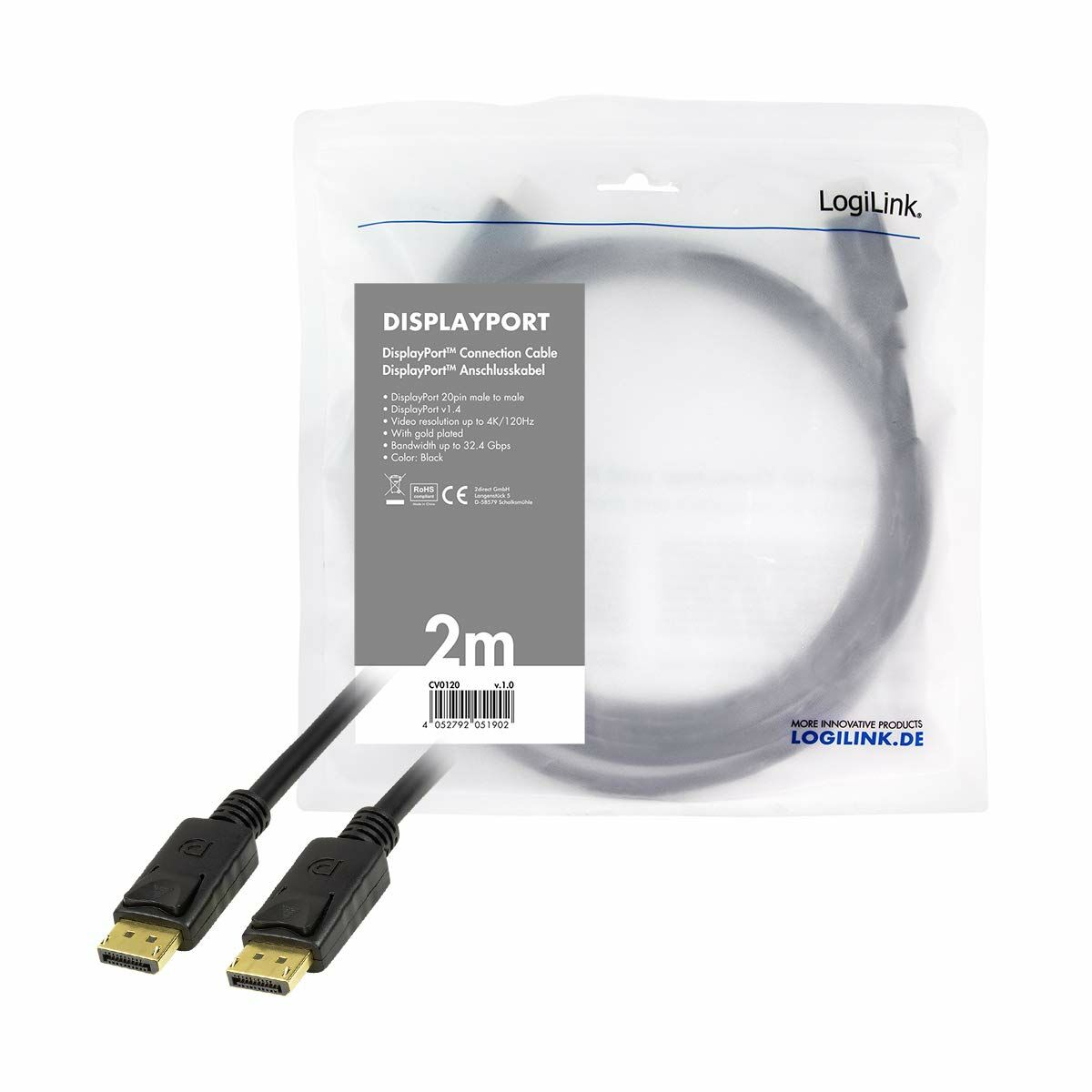 Kabel DisplayPort w plastikowej torbie z tekstem, z dwoma kablami.