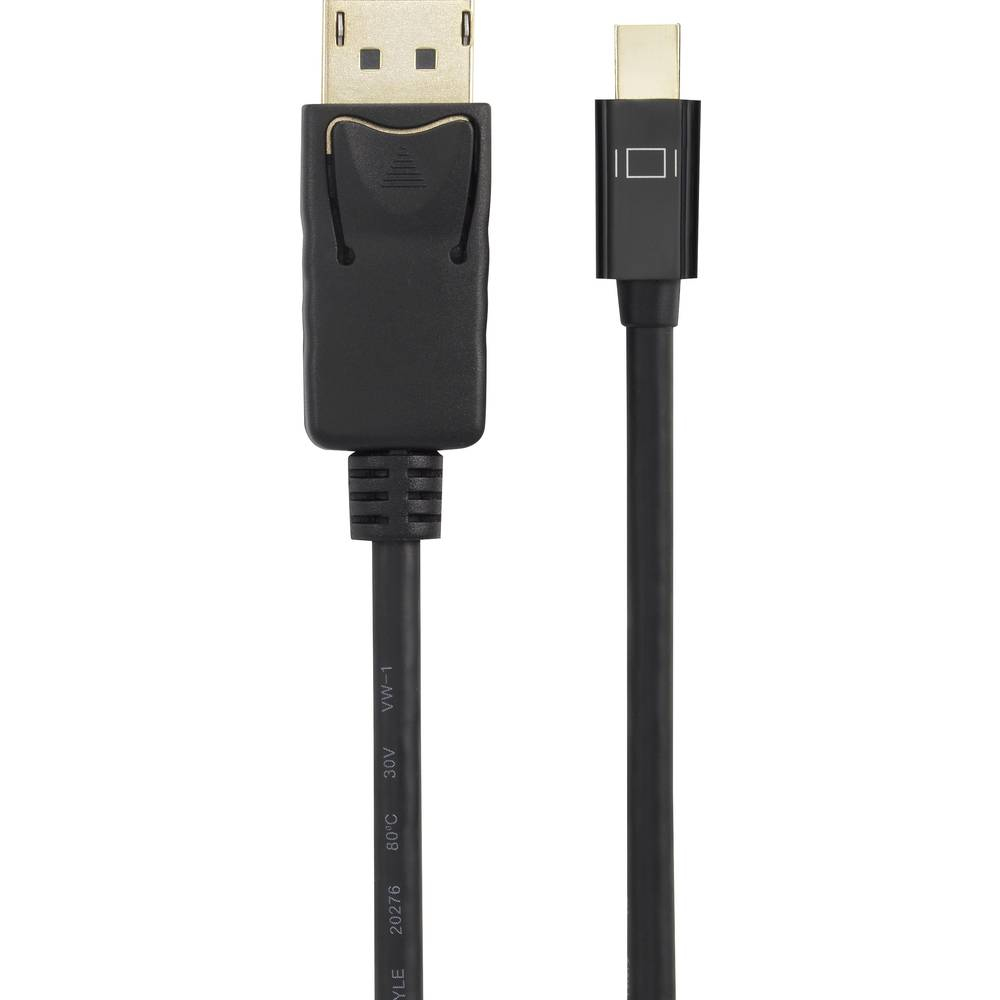 Cavo nero da DisplayPort a USB-C con connettori su entrambe le estremità. Sfondo bianco.