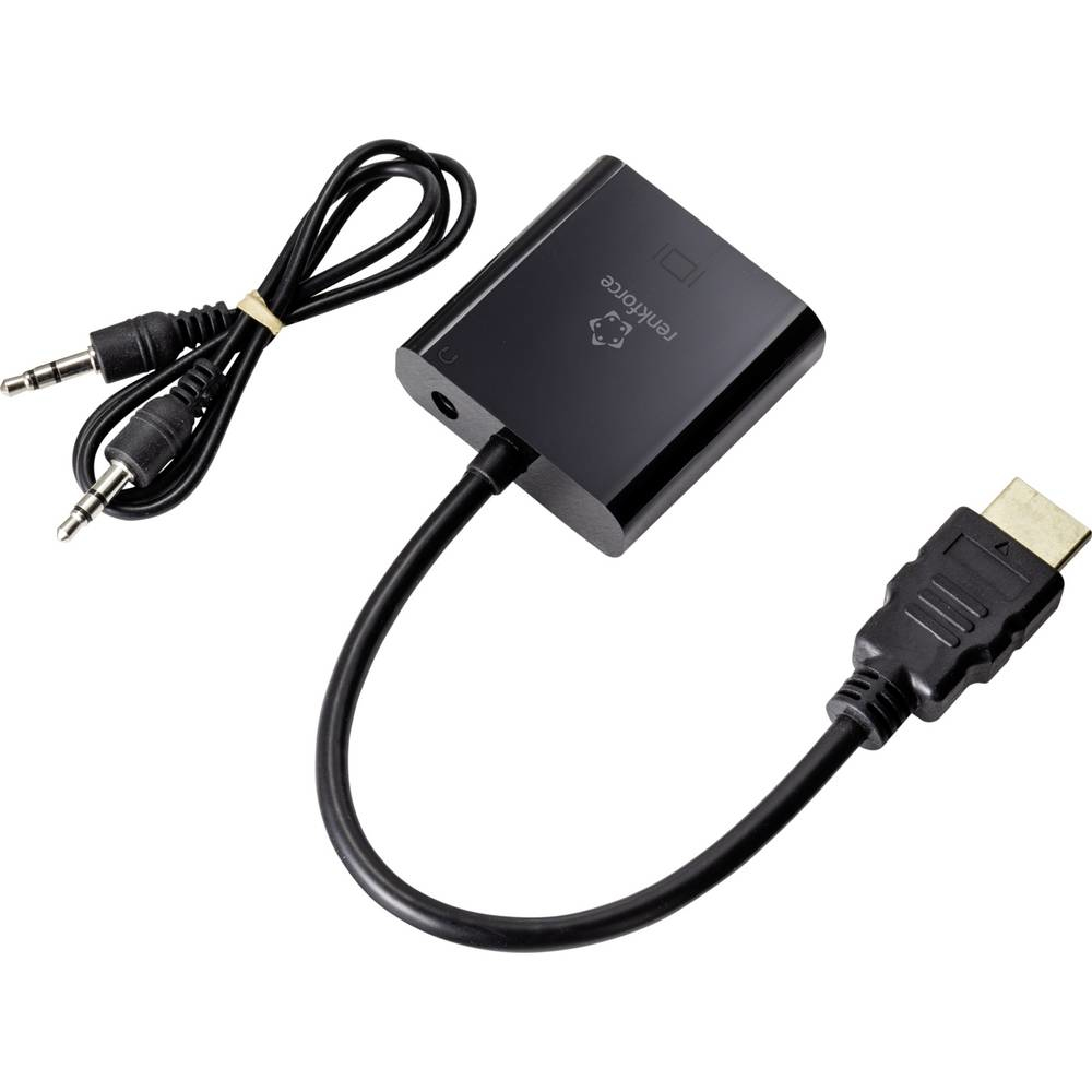 Adattatore da HDMI a jack da 3,5 mm nero. Sfondo bianco.