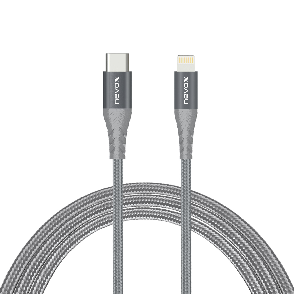Dwa szare, plecione kable ze złączami. Jeden to USB-C, jeden Lightning. Czarne tło.