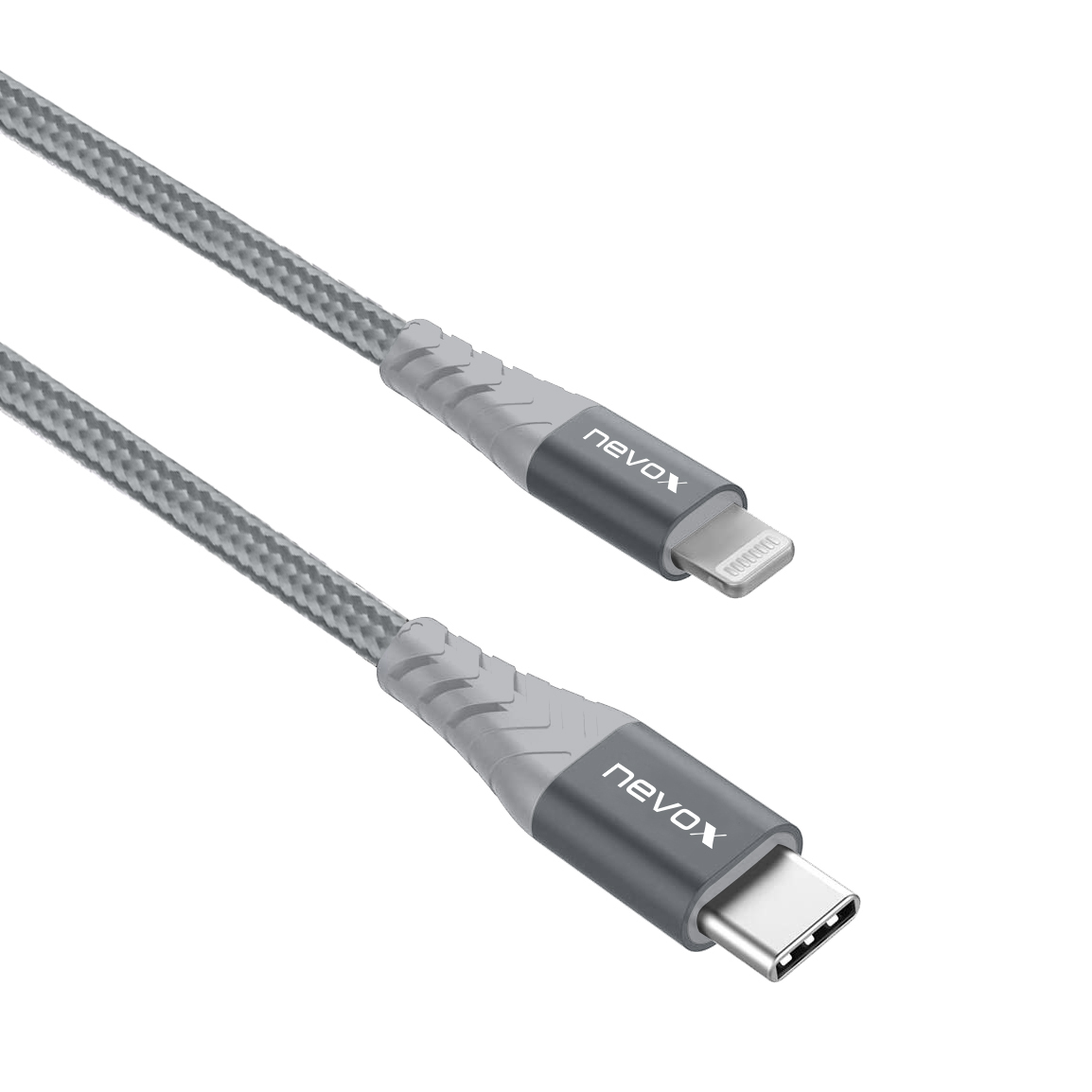 Dwa szare kable ładujące: USB-C i Lightning. Szare kable z marką 'nevox'.