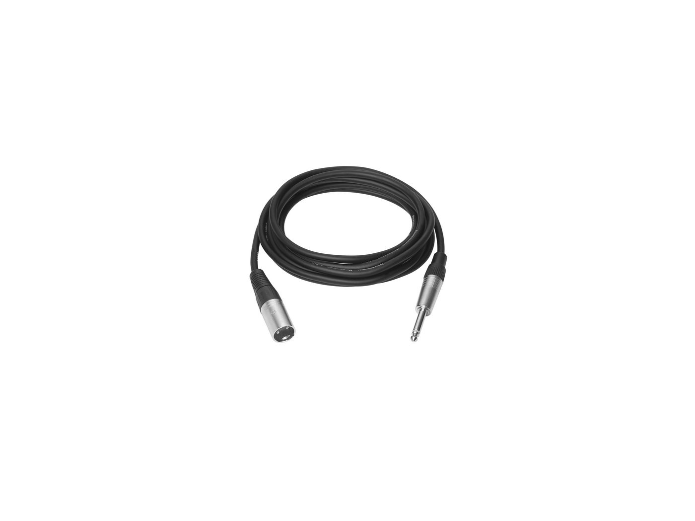 Cavo microfonico nero con connettori XLR e da 1/4 di pollice. Sfondo bianco.