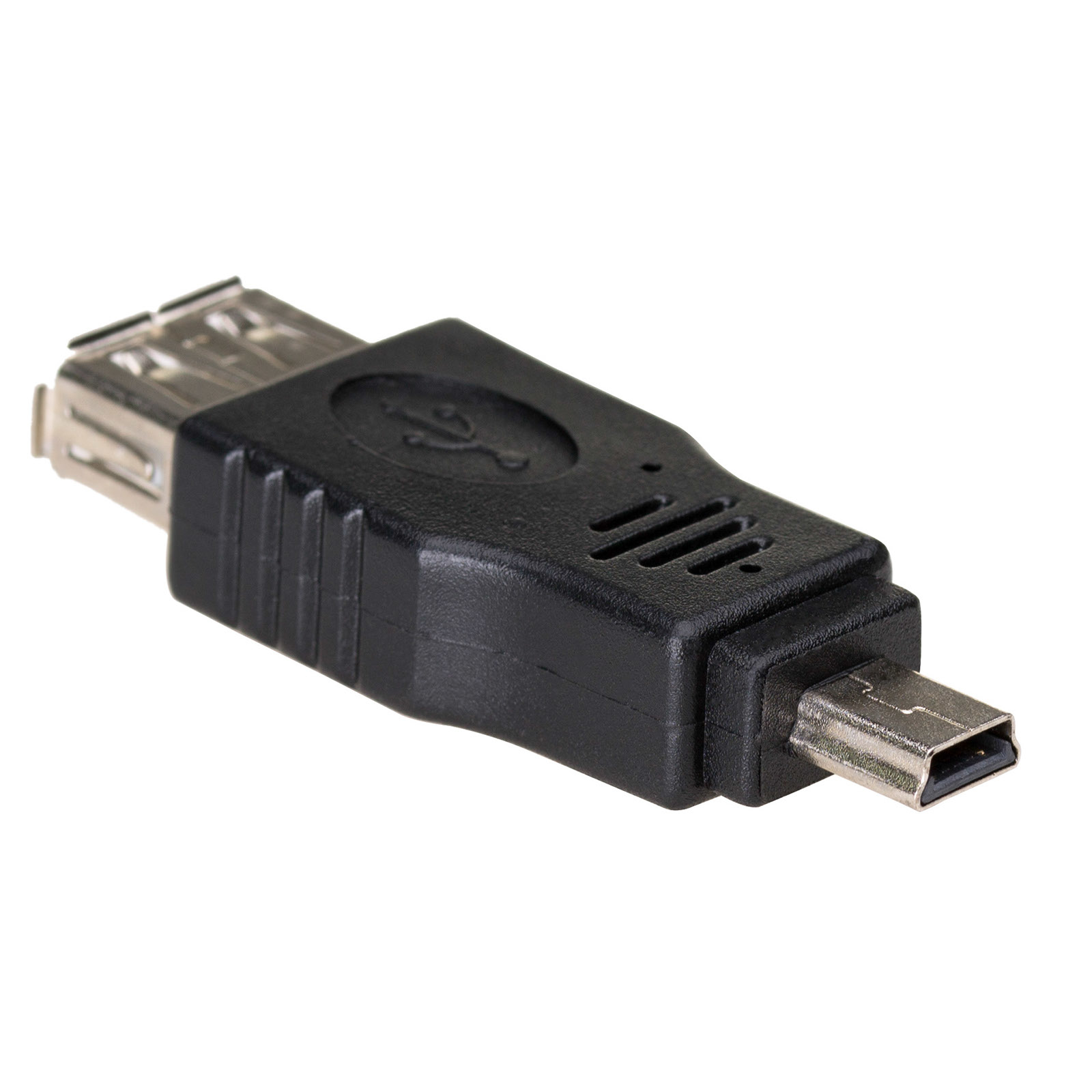 Un adattatore da USB a Mini-USB nero. L'estremità USB è femmina.