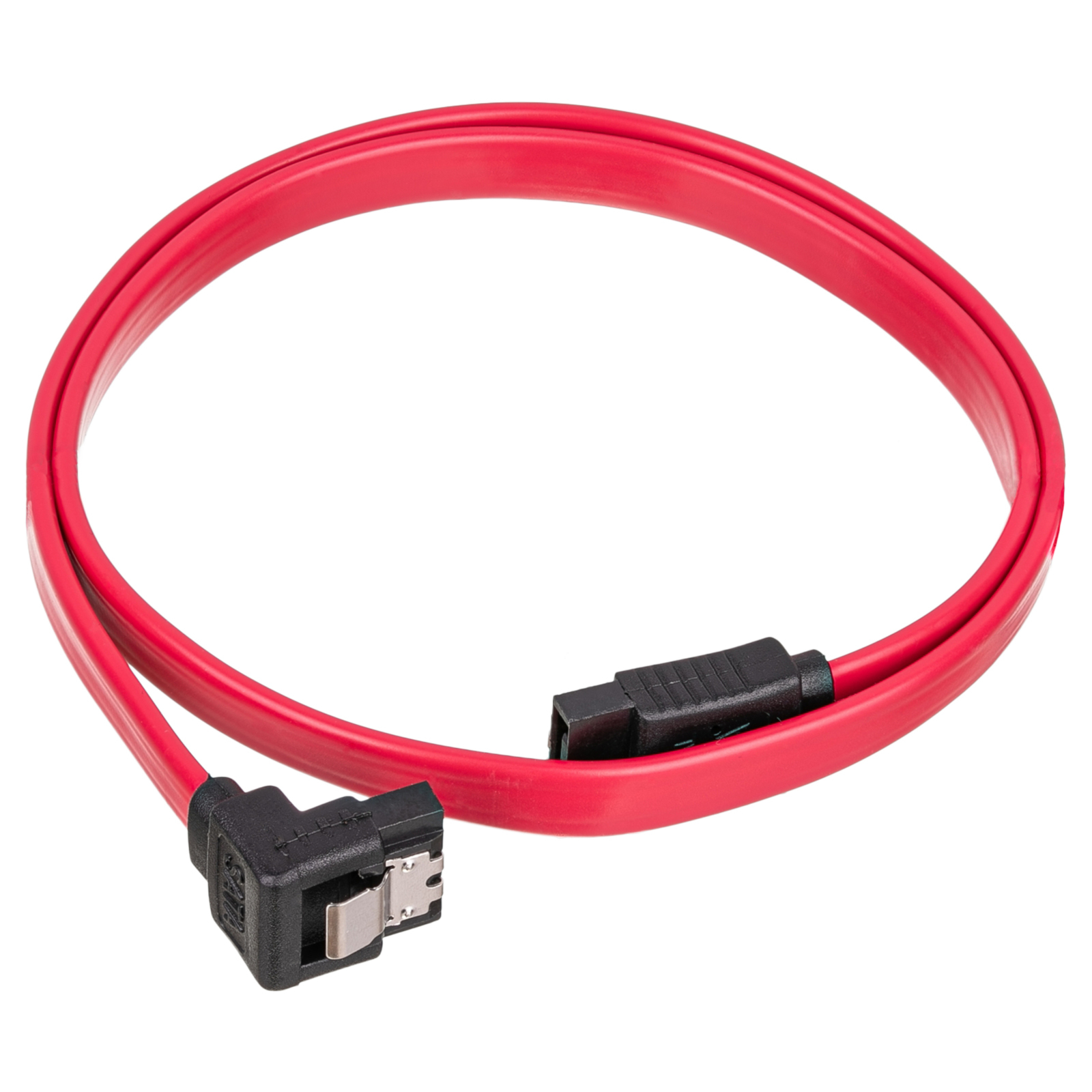 Cavo SATA rosso con connettori neri. Sfondo bianco.