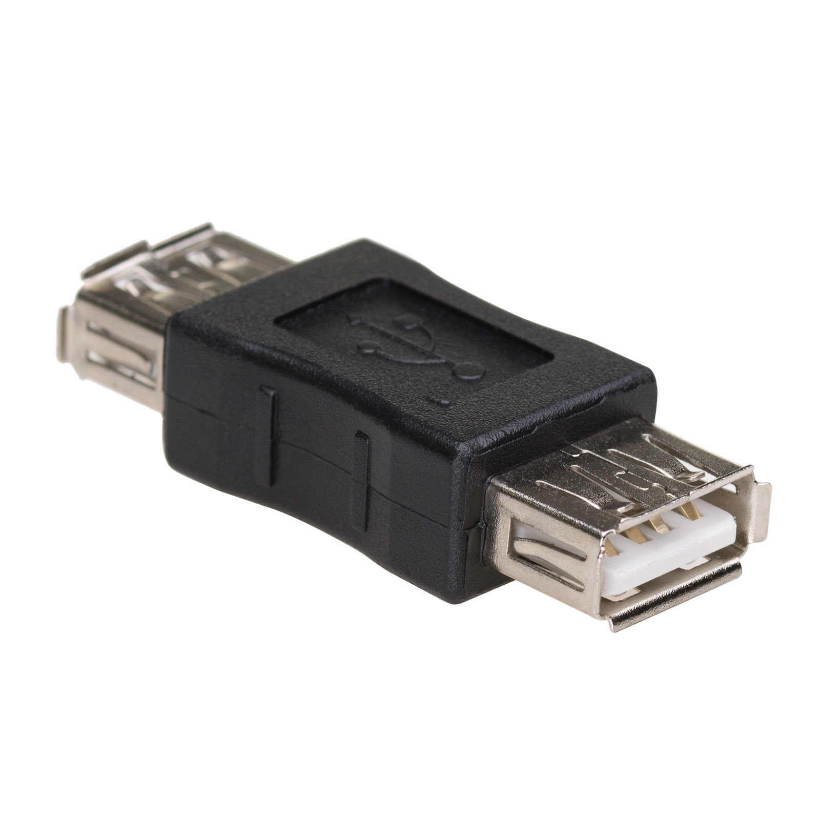 Adattatore USB nero con due connettori USB-A. Sfondo bianco.