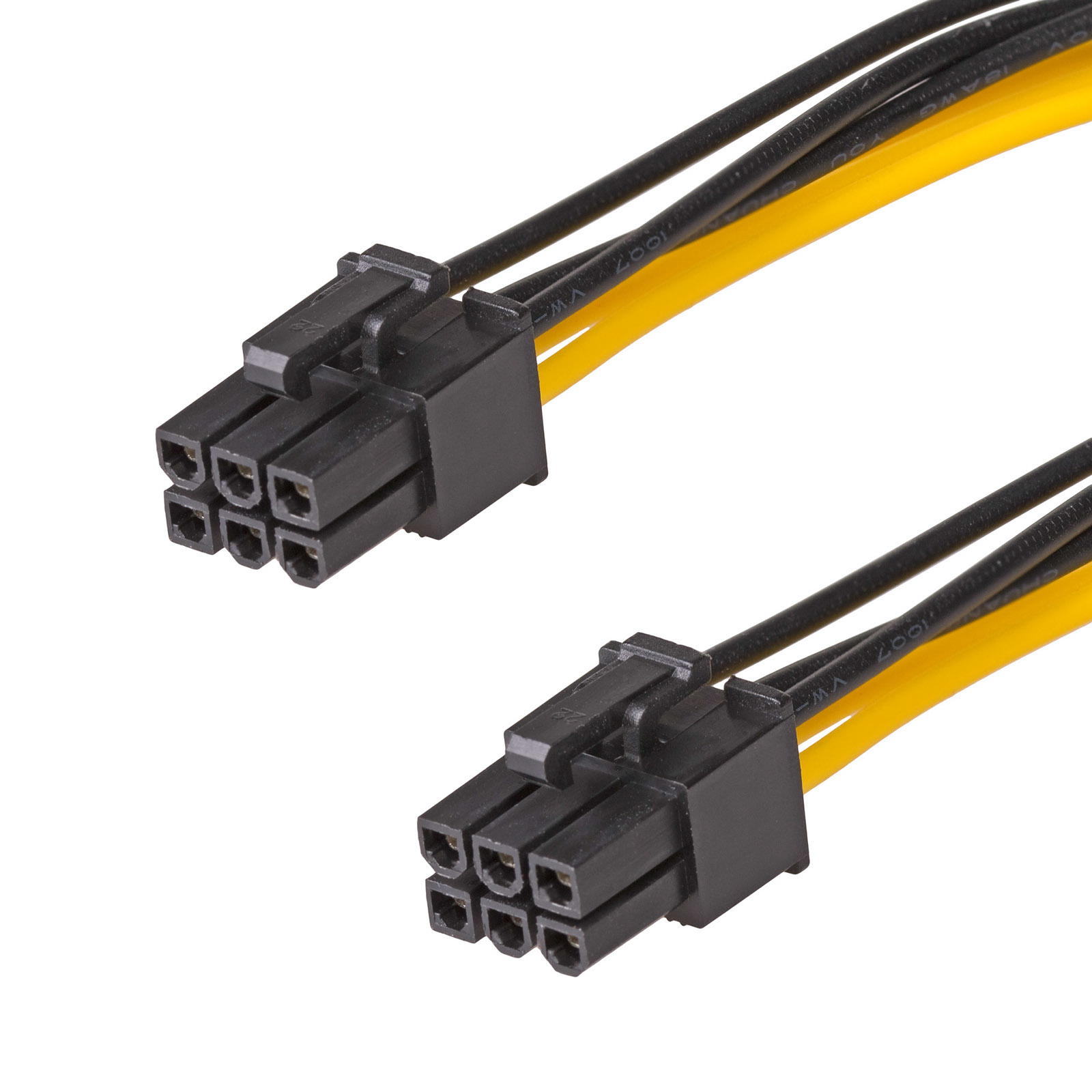 Due connettori di alimentazione neri a 8 pin con fili gialli e neri su sfondo bianco.