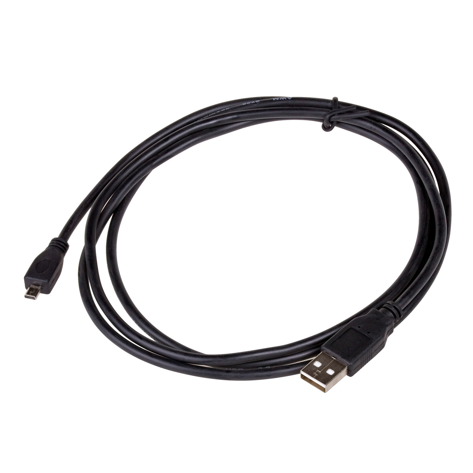 Cavo nero con connettori USB e Micro-USB. Sfondo bianco.