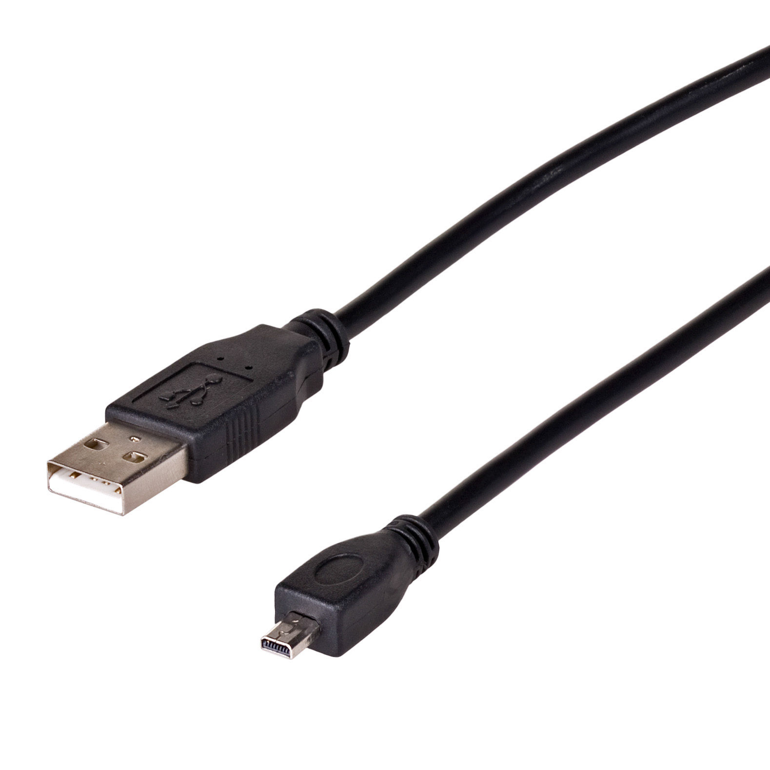 Cavo USB nero con connettore standard e micro-USB su sfondo bianco.