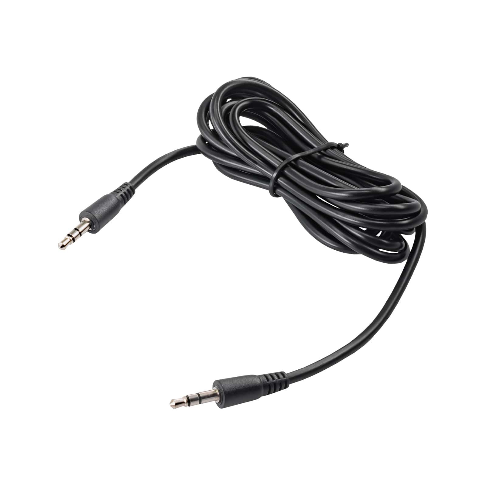 Cavi audio neri con connettori da 3,5 mm su sfondo bianco, arrotolati.