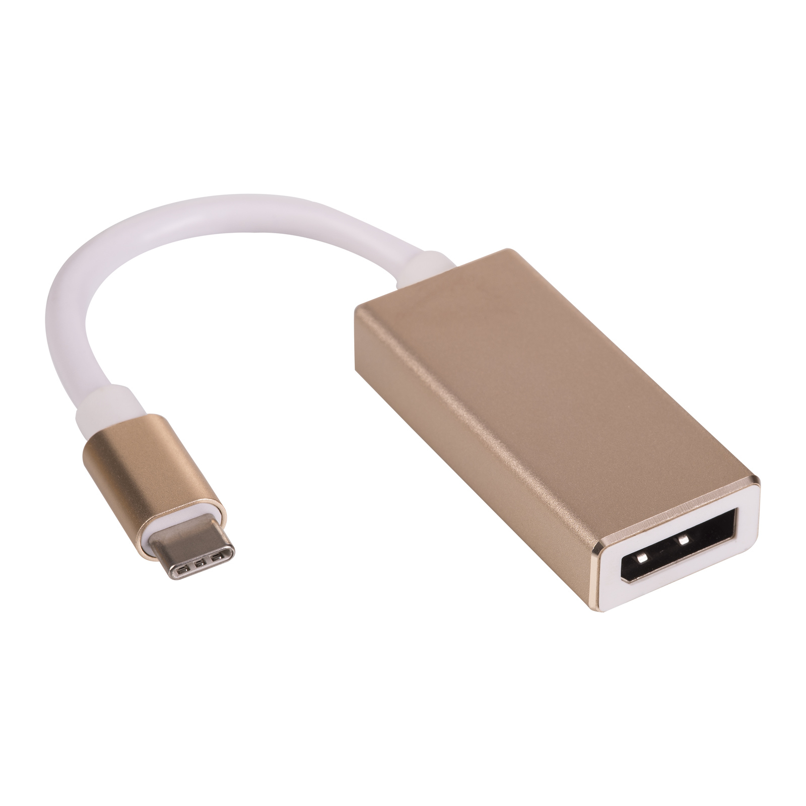 Cavo adattatore da USB-C a DisplayPort dorato e bianco. Sfondo bianco.