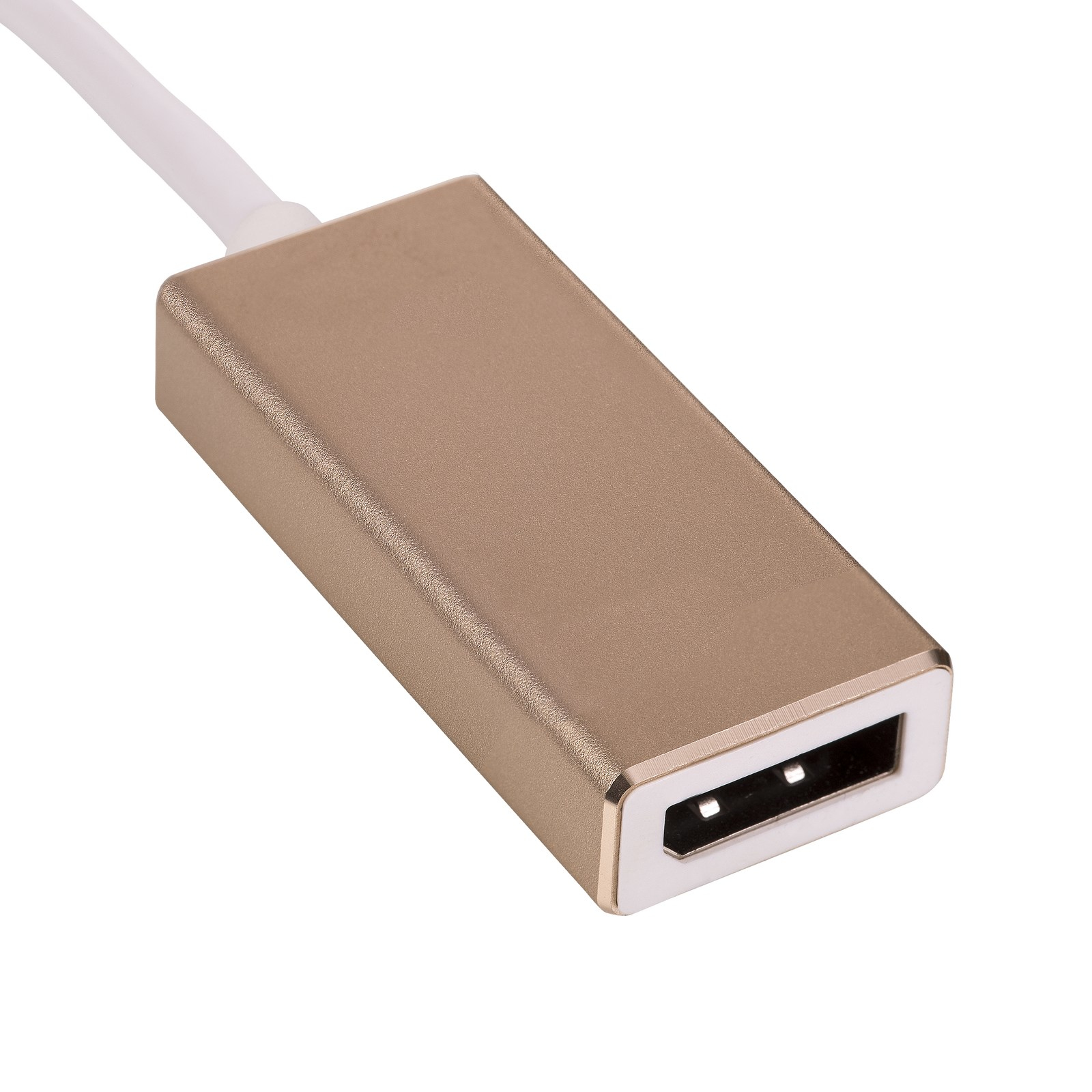 Un adattatore color oro con porta USB e cavo bianco.