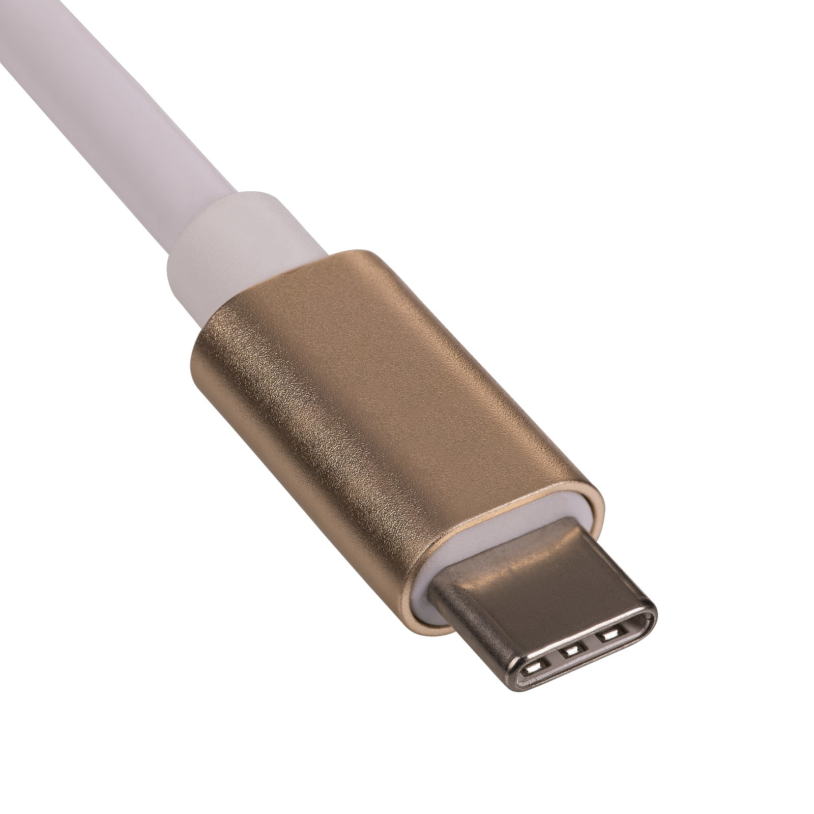 Connettore USB-C color oro con cavo bianco, isolato su sfondo bianco.