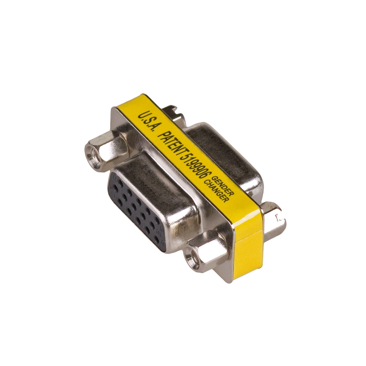 Un convertitore di genere VGA argento con etichetta gialla su sfondo bianco.
