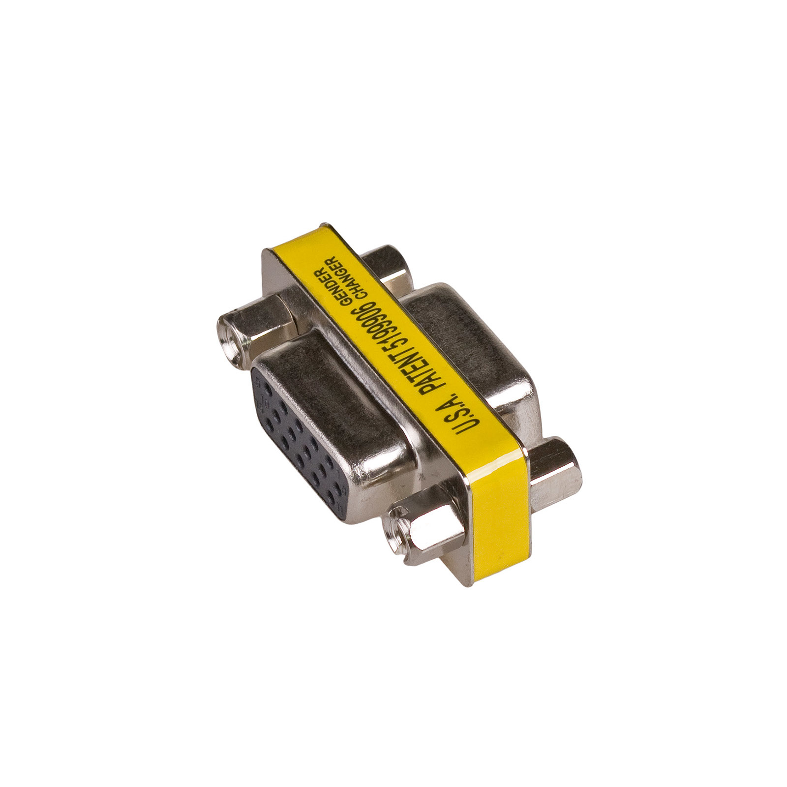 Adattatore VGA maschio-femmina argentato con etichetta gialla. L'etichetta recita "U.S.A. PATENT 5199906 GENDER CHANGER".