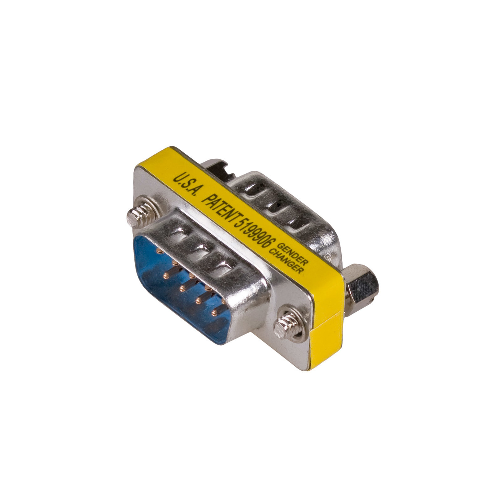 Adattatore VGA maschio-femmina argentato con pin blu, etichetta gialla. L'etichetta recita "U.S.A. PATENT 5199906 GENDER CHANGER".