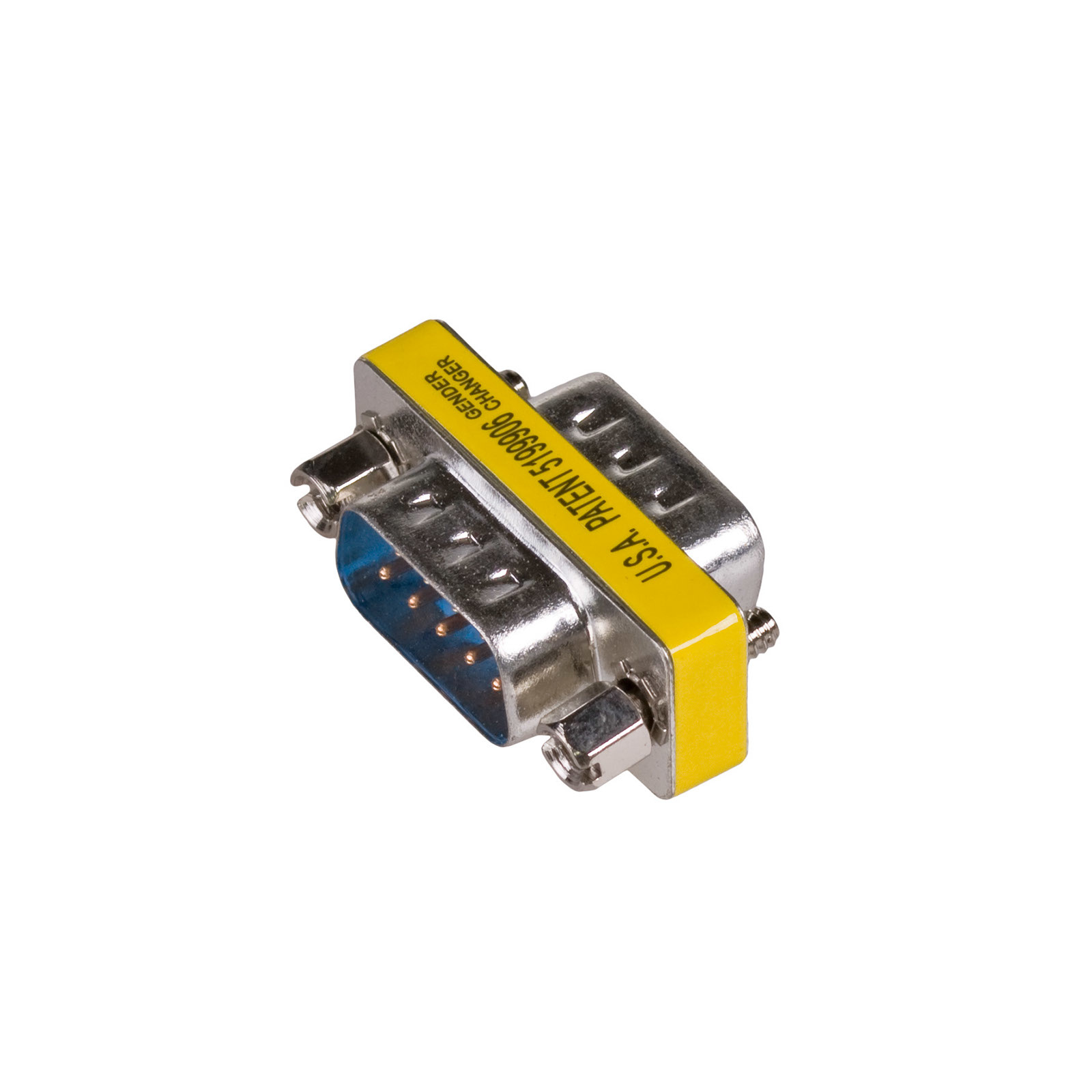Connettore VGA argentato con pin blu ed etichetta gialla. L'etichetta recita “U.S.A. PATENT 5199906 GENDER CHANGER”.