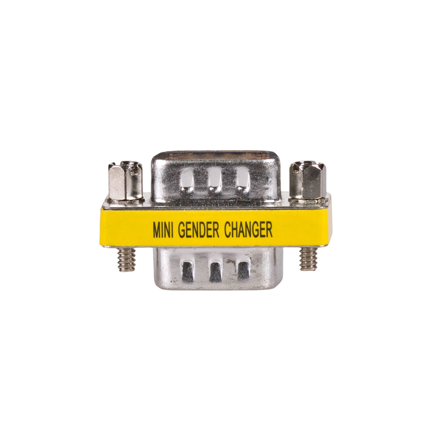 Mini adattatore maschio-femmina con etichetta gialla. L'etichetta recita “MINI GENDER CHANGER”.