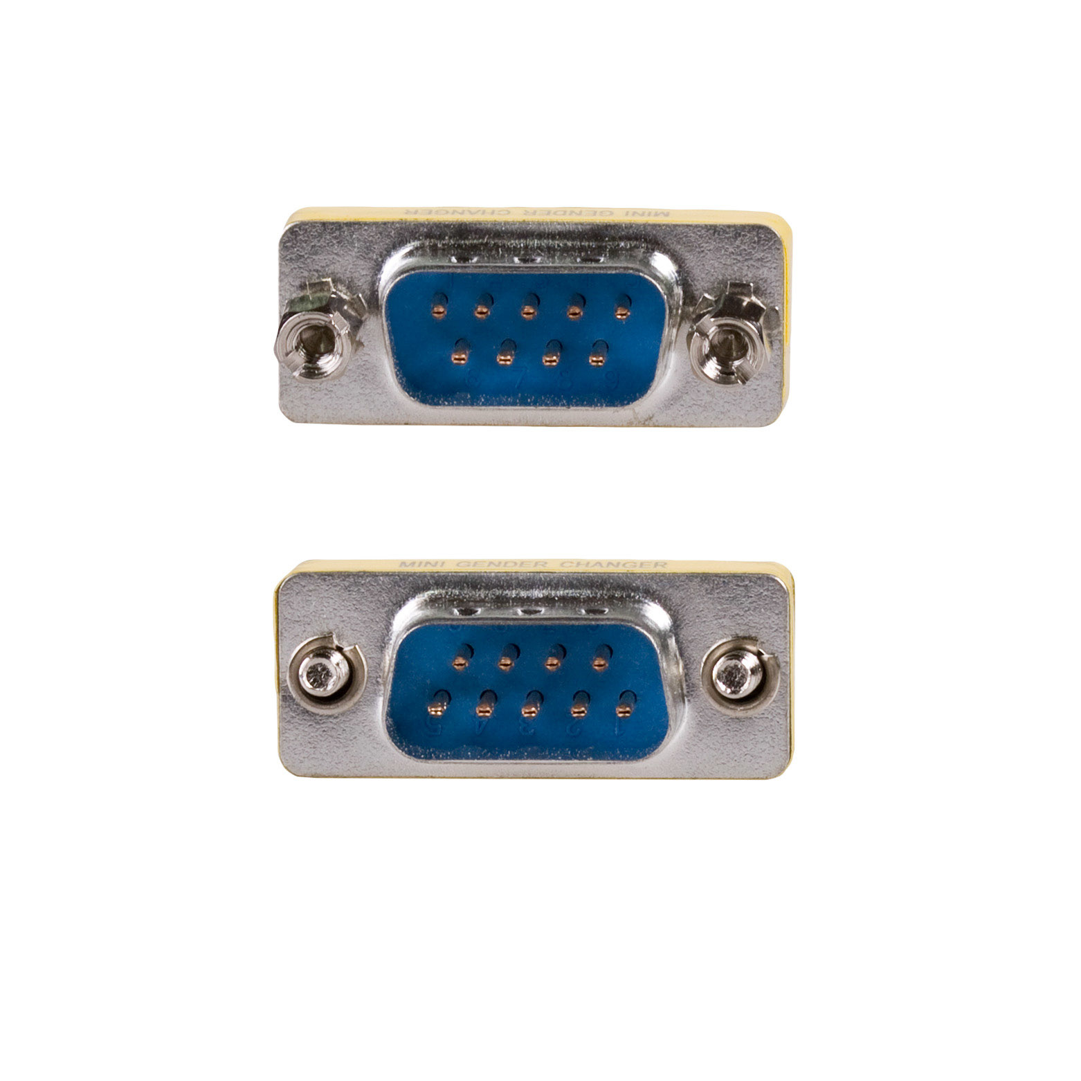 Due connettori VGA argentati con pin blu, etichetta gialla. L'etichetta recita "MINI GENDER CHANGER".