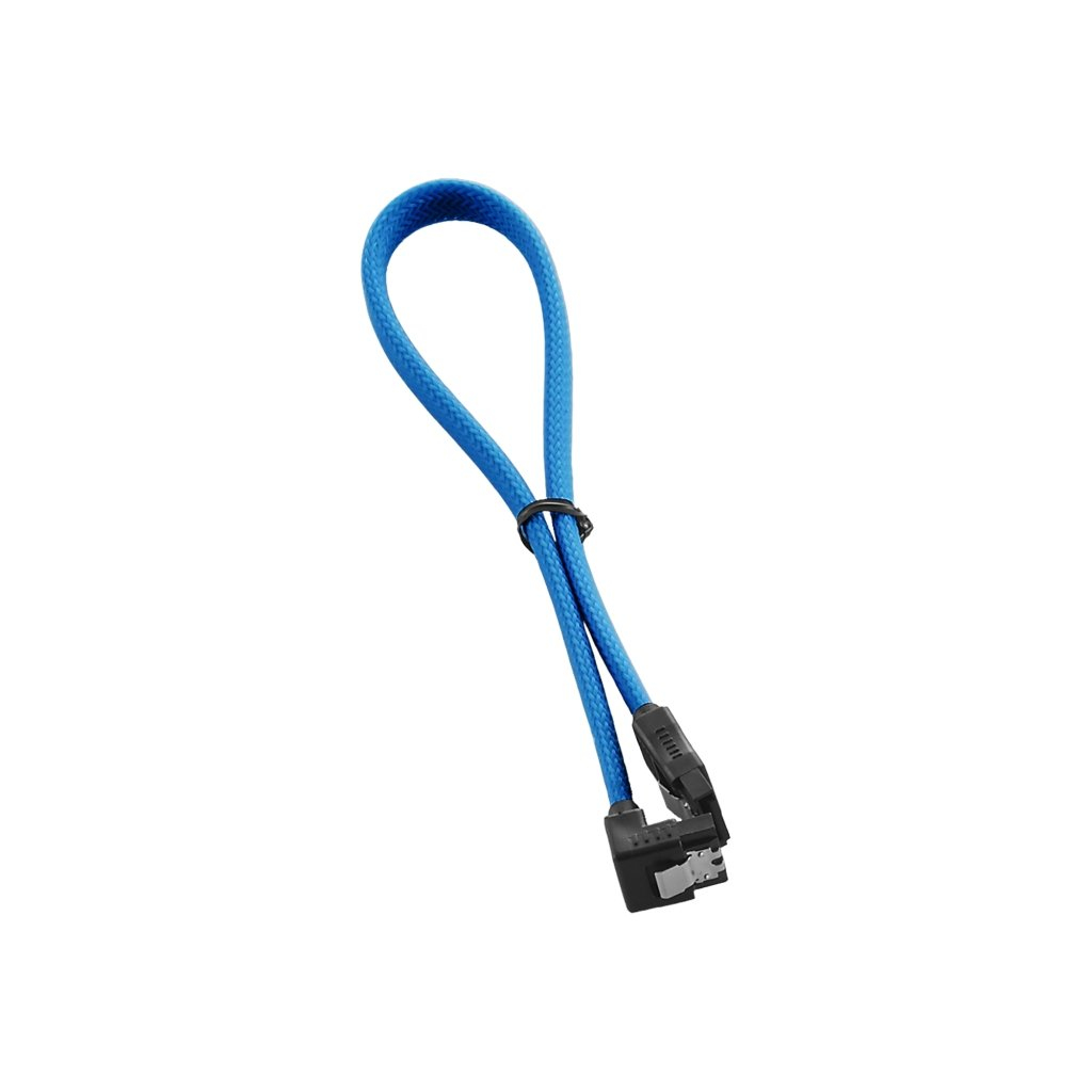 Cavo SATA blu con connettori neri, ad anello, su sfondo bianco.