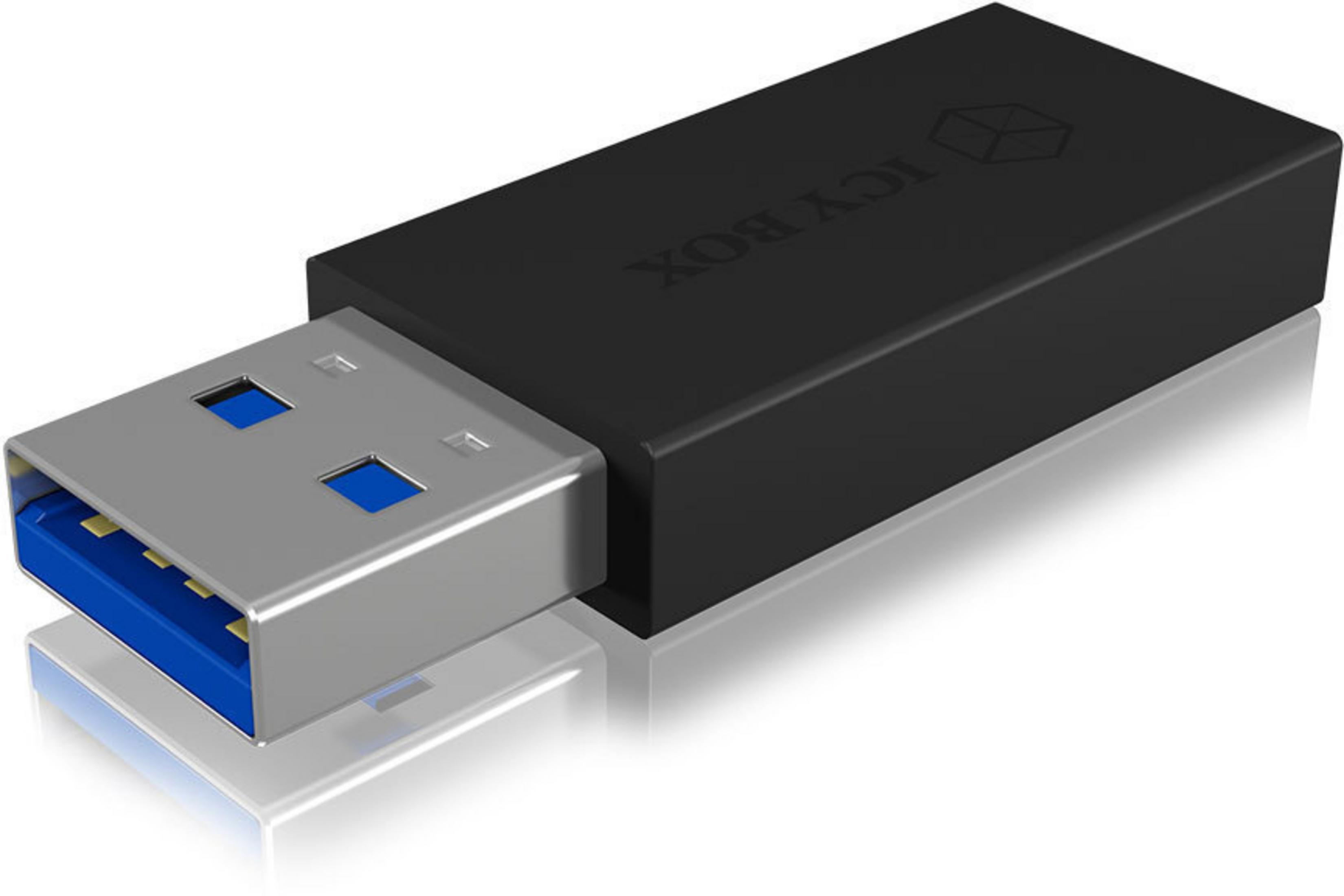 Schwarzer USB-Stick mit silbernem USB-Anschluss. Auf der Oberfläche steht „ICY BOX“.