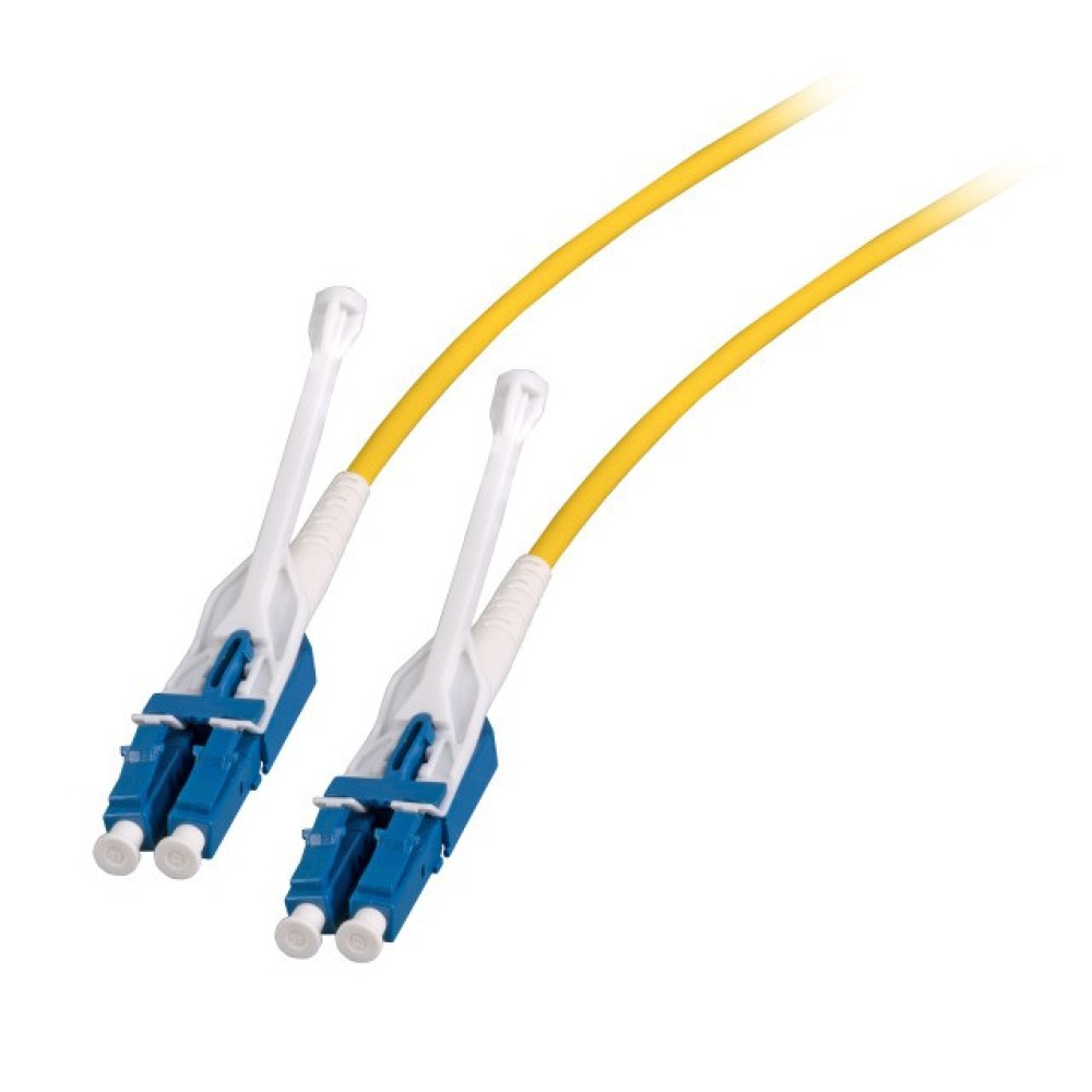 Due cavi in fibra ottica con connettori verdi e grigi e cappucci bianchi.