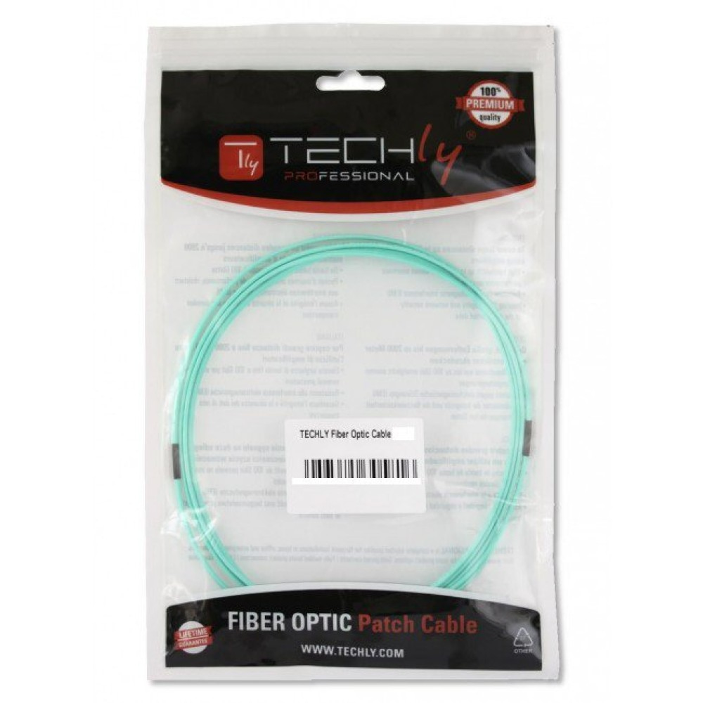 Una busta di plastica trasparente con un cavo in fibra ottica verde all'interno.