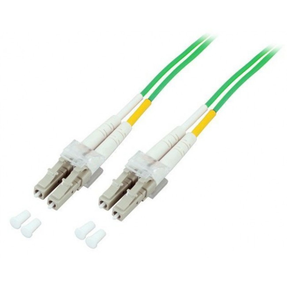 Due cavi in fibra ottica gialli con connettori blu e bianchi.