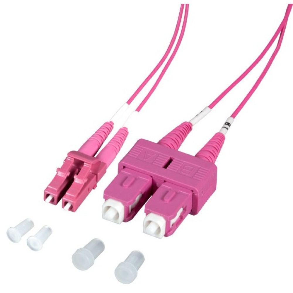 Due cavi in fibra ottica rosa con connettori rosa e cappucci bianchi.