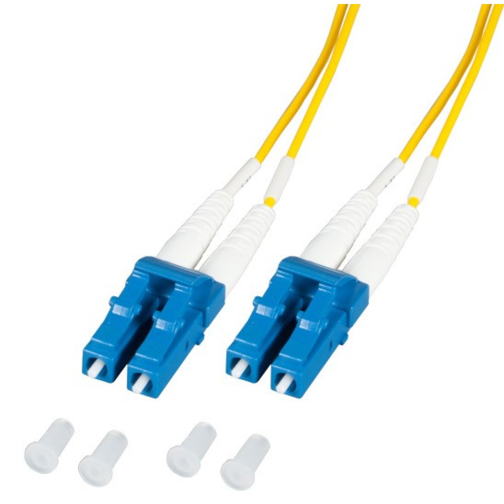 Due cavi in fibra ottica blu con connettori blu e cappucci bianchi.