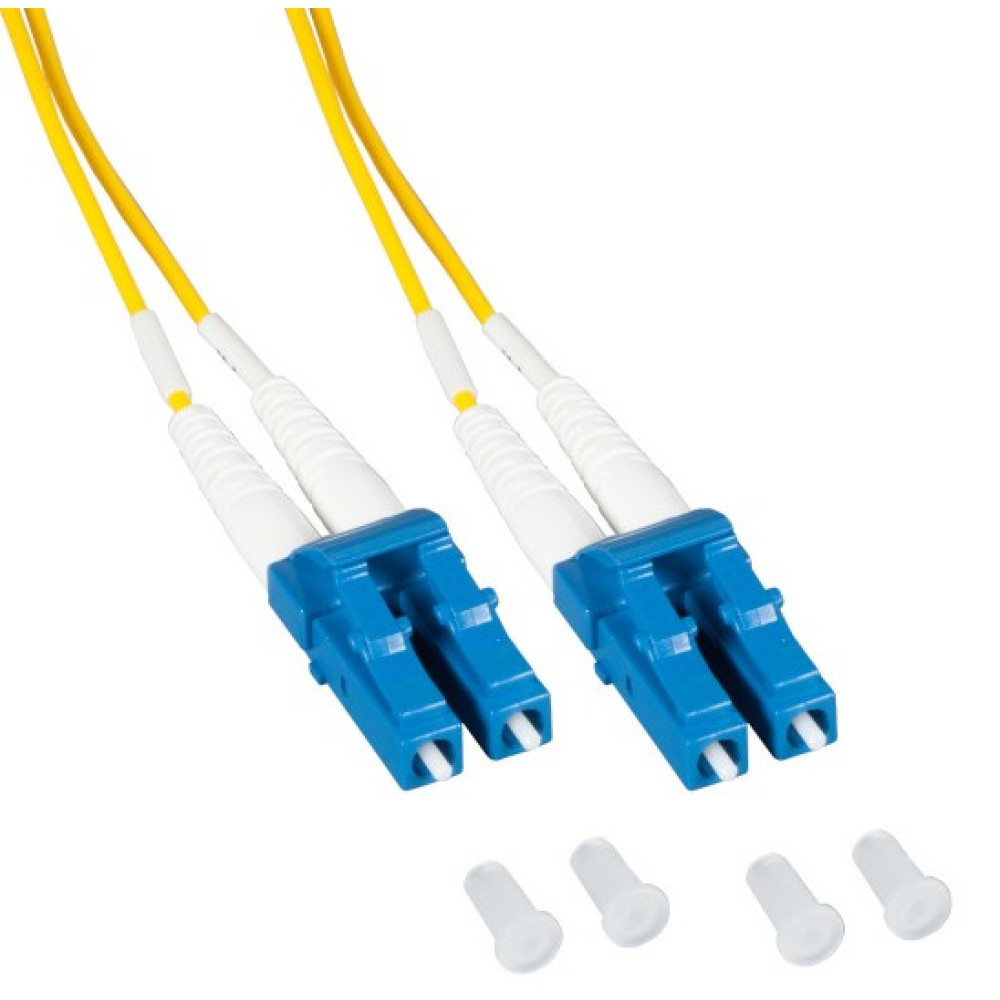Due cavi in fibra ottica con connettori blu e cavi bianchi e gialli. Tappi bianchi.