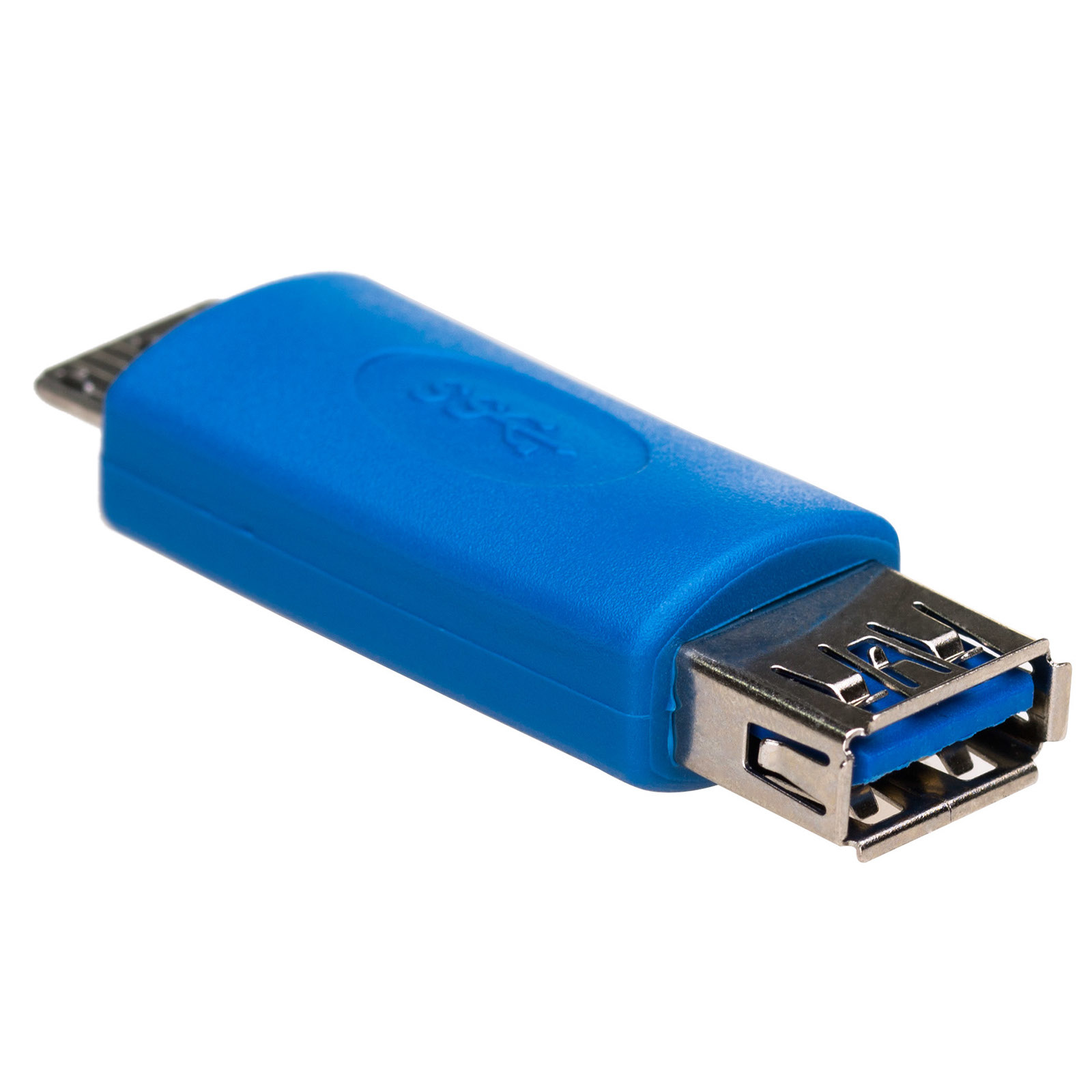 Un adattatore blu da USB a micro-USB, con un connettore USB e micro-USB.