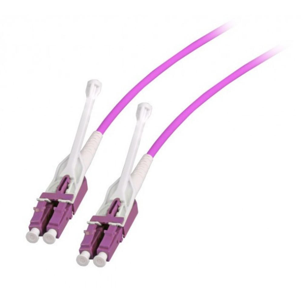 Due cavi in fibra ottica con connettori viola e sfondo bianco.