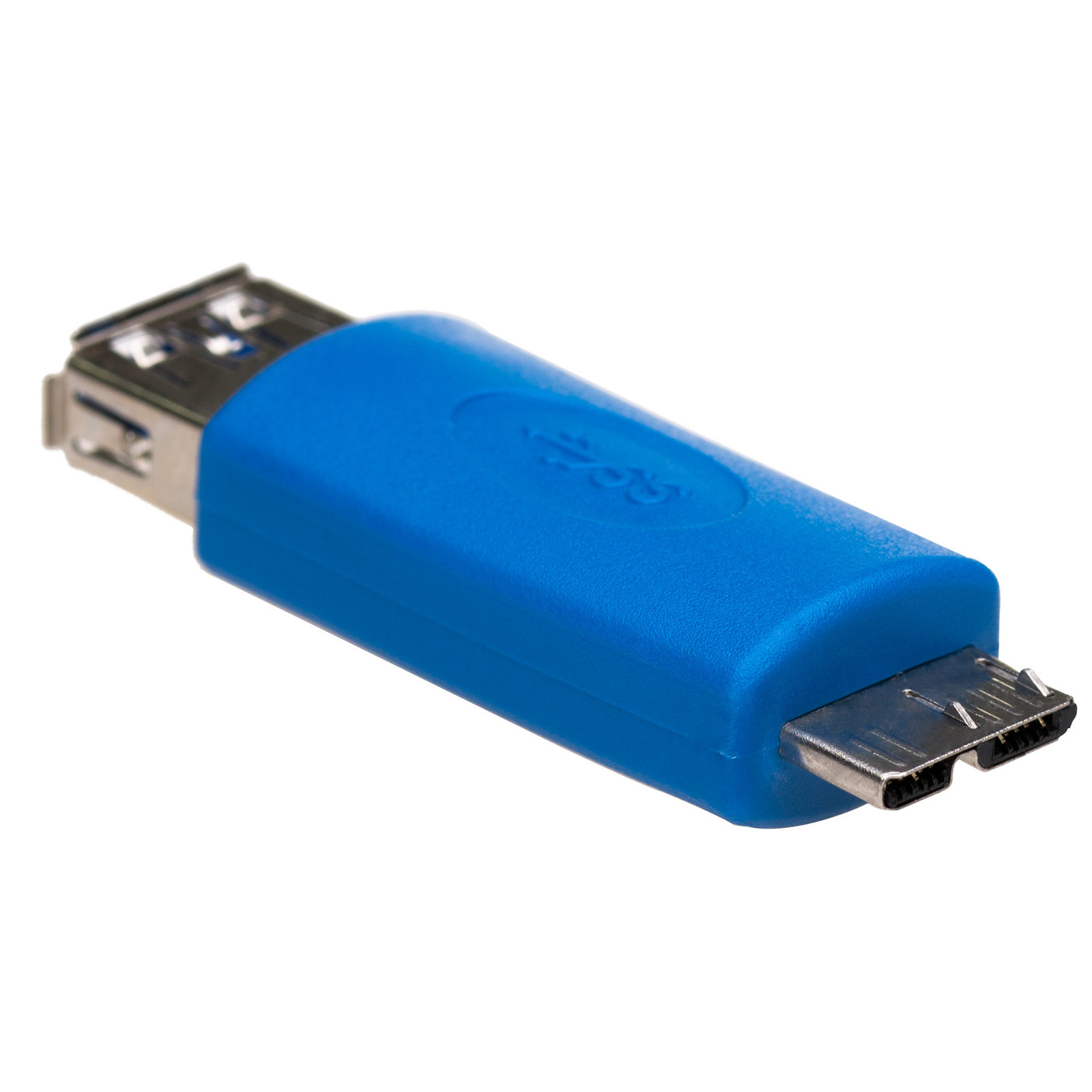 Un adattatore blu da USB a micro-USB, con un connettore USB e micro-USB.