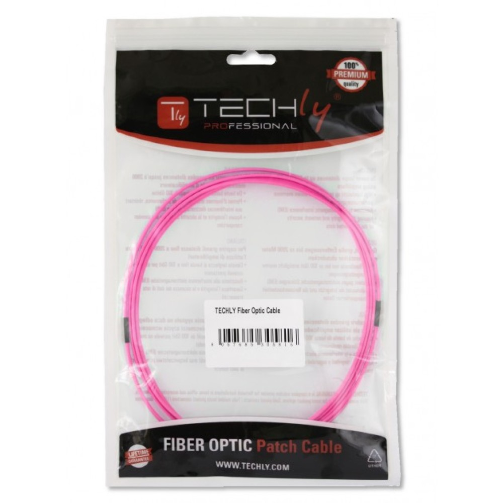 Una busta di plastica trasparente con un cavo in fibra ottica rosa all'interno.