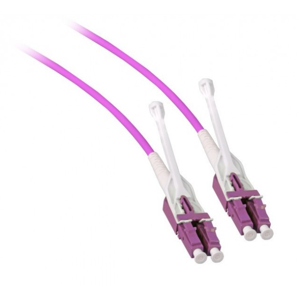 Due cavi in fibra ottica viola con connettori bianchi e viola. I cavi sono su sfondo bianco.