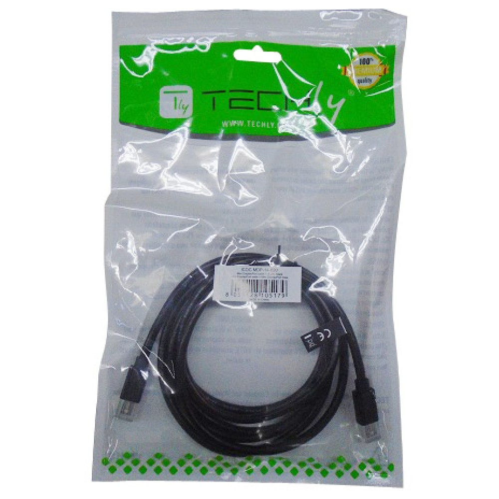 Un cavo USB nero in un sacchetto di plastica trasparente, su sfondo bianco.