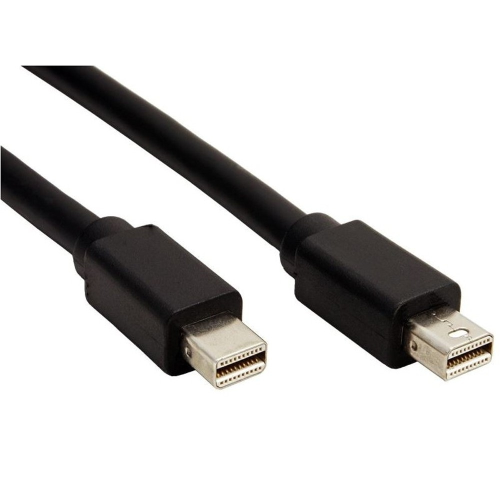 Cavo Mini DisplayPort nero con connettori neri, su sfondo bianco.