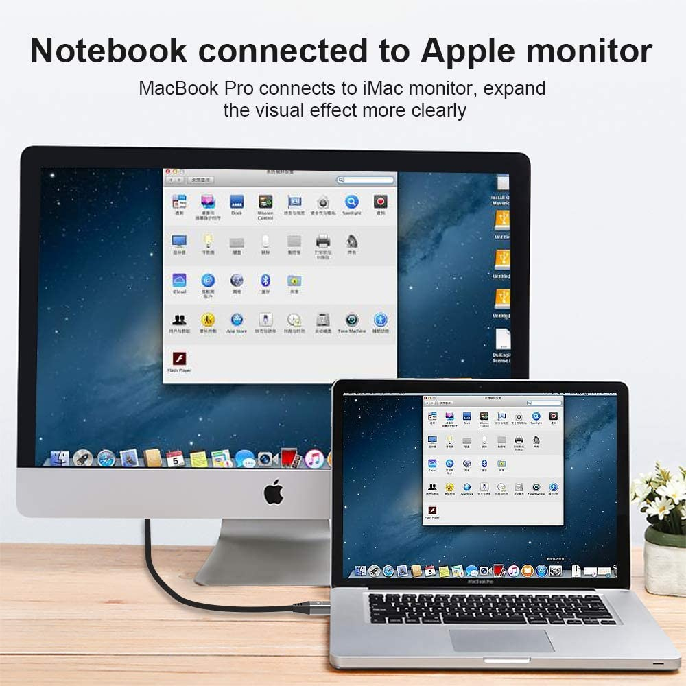 Laptop collegato al monitor Apple. Mostra gli schermi del laptop e del monitor. Un cavo li collega.