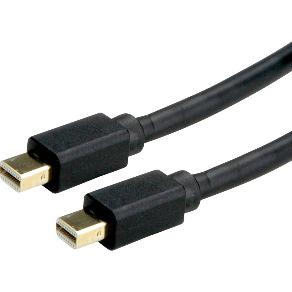 Cavo Mini DisplayPort nero, vista angolata. Due connettori con pin sono visibili su sfondo bianco.