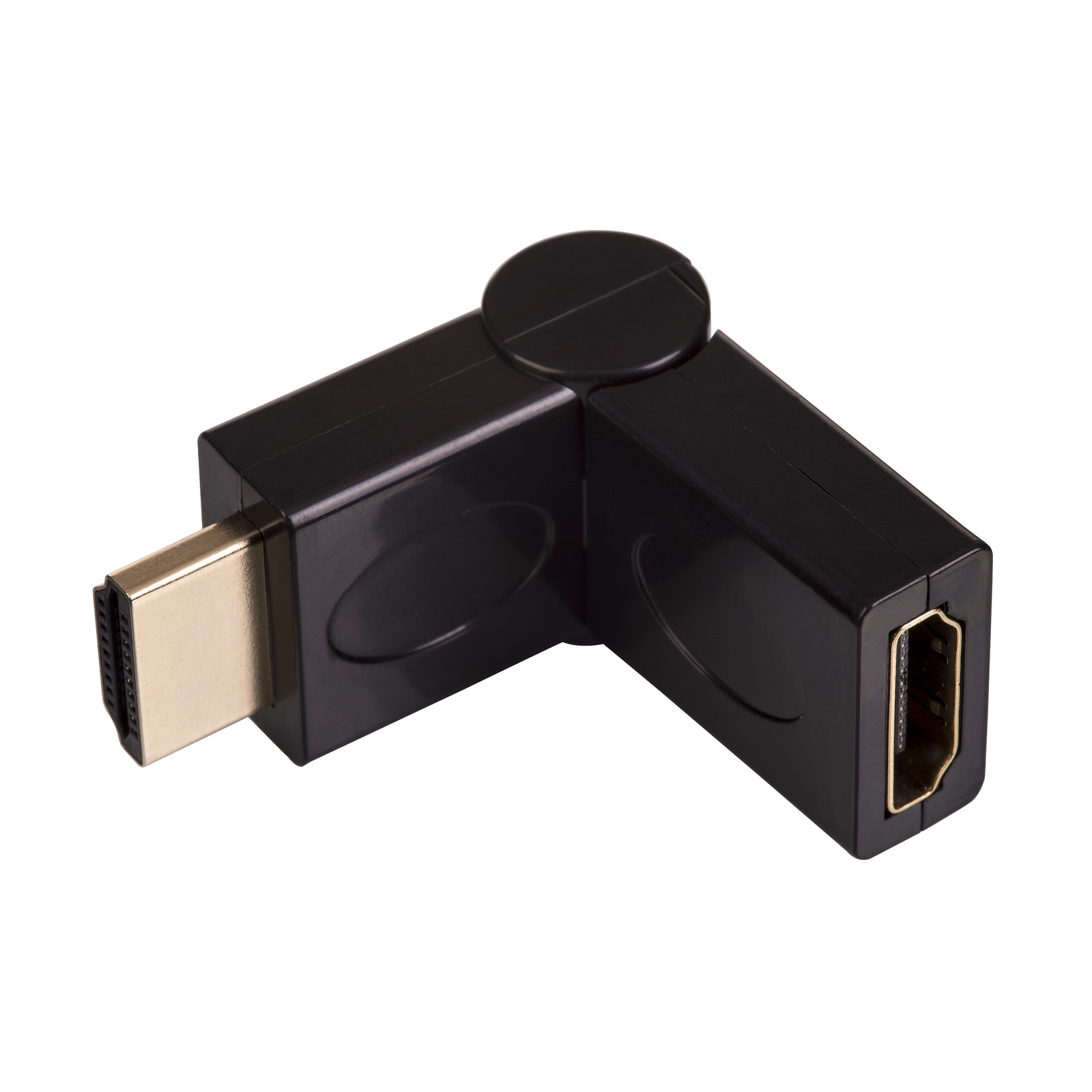 Adattatore HDMI nero, angolato. L'adattatore ha un HDMI maschio e una porta HDMI femmina.