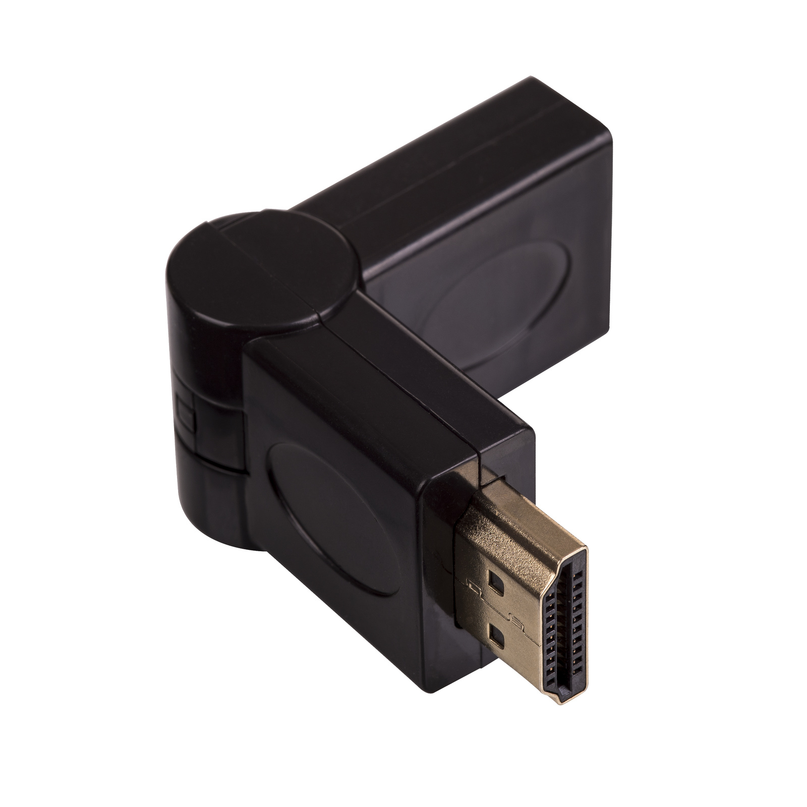 Adattatore HDMI nero, angolato. L'adattatore ha un HDMI maschio e una porta HDMI femmina.