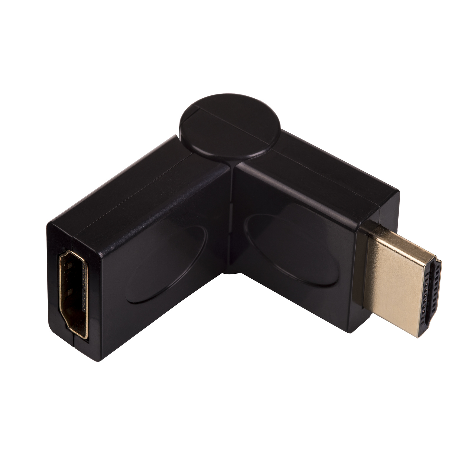 Adattatore HDMI nero, angolato. L'adattatore ha un HDMI maschio e una porta HDMI femmina.