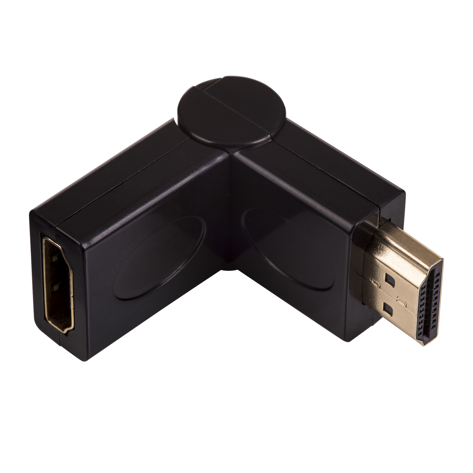 Adattatore HDMI nero, angolato. L'adattatore ha un HDMI maschio e una porta HDMI femmina.