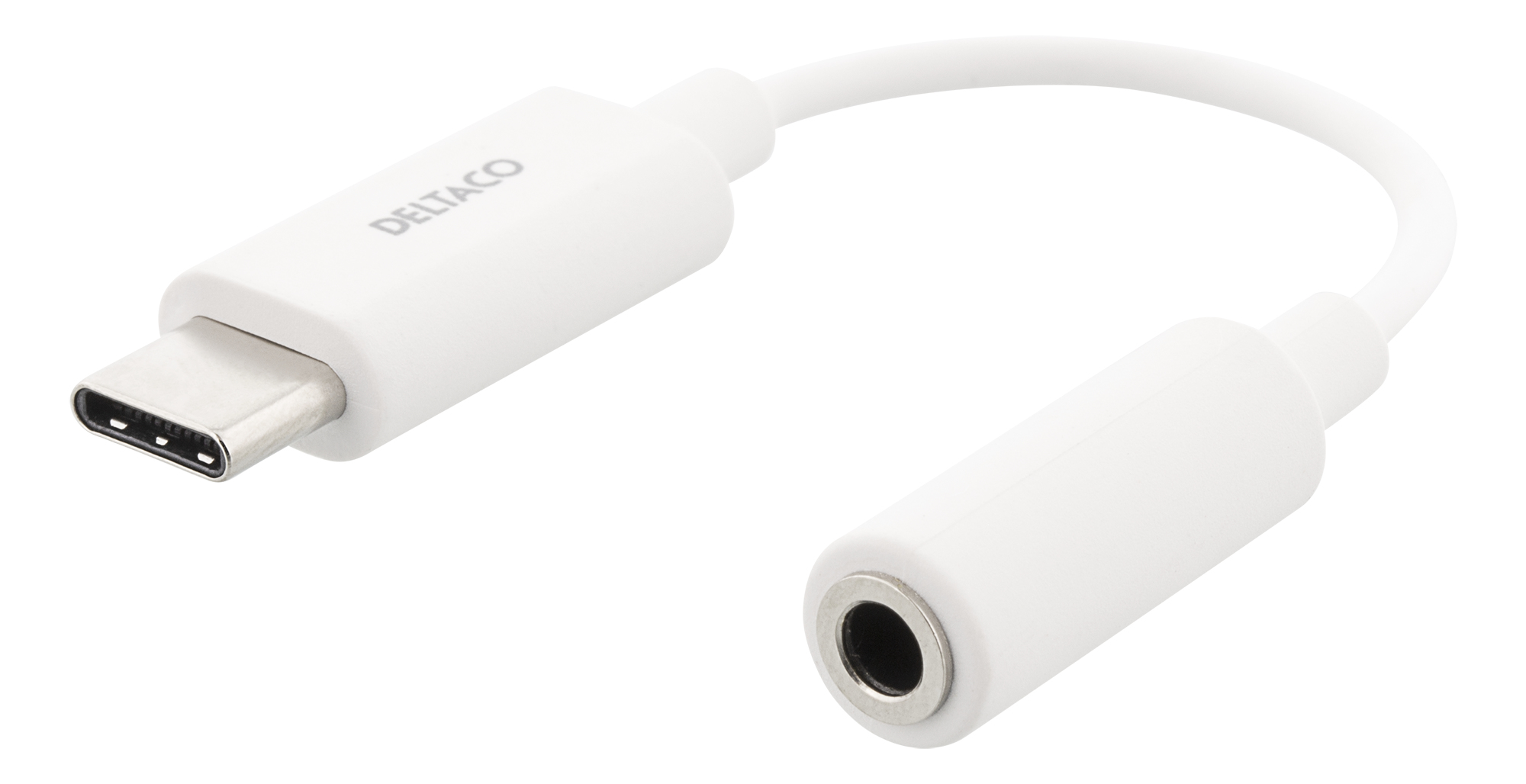 Adattatore audio USB-C a 3,5 mm bianco. Testo nero: DELTACO. Sfondo bianco.